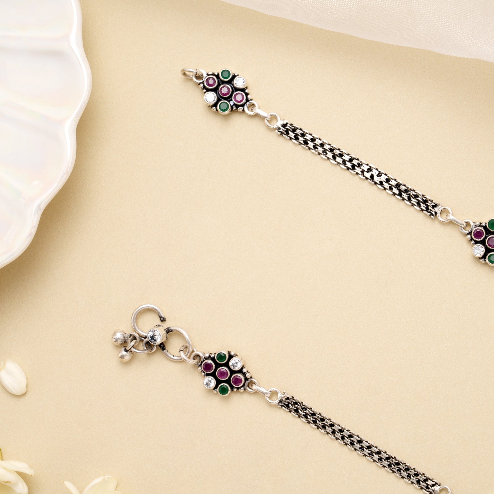 Antique Multicolor Floral Charm Silver Anklet