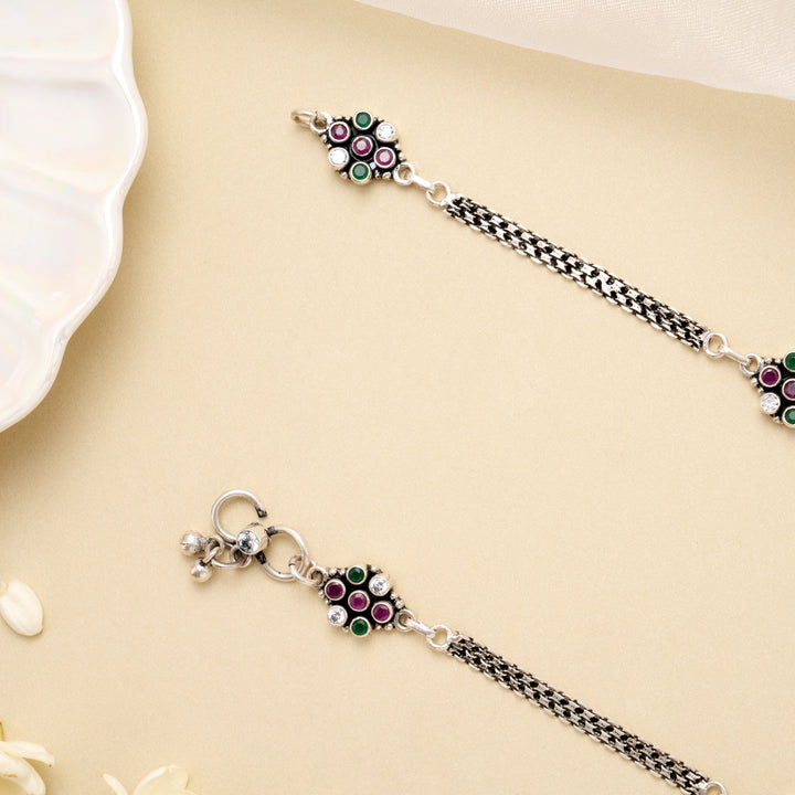 Antique Multicolor Floral Charm Silver Anklet