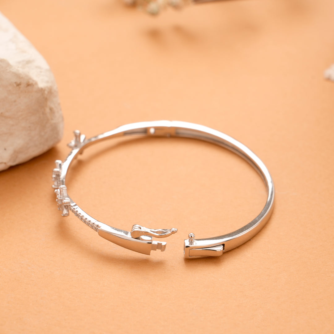 Triple Floral White Stone Silver Bracelet