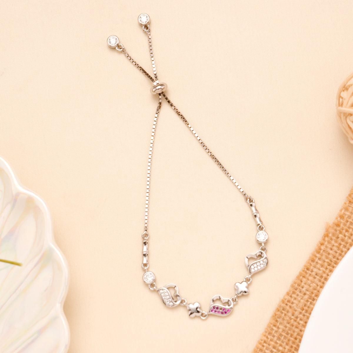 Chick Star White and Pink Heart Silver Bracelet
