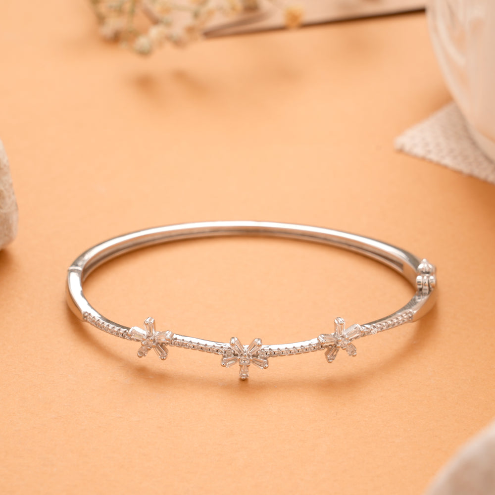 Triple Floral White Stone Silver Bracelet