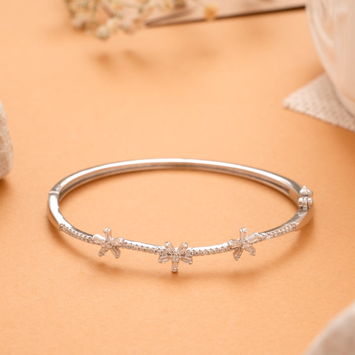 Triple Floral White Stone Silver Bracelet