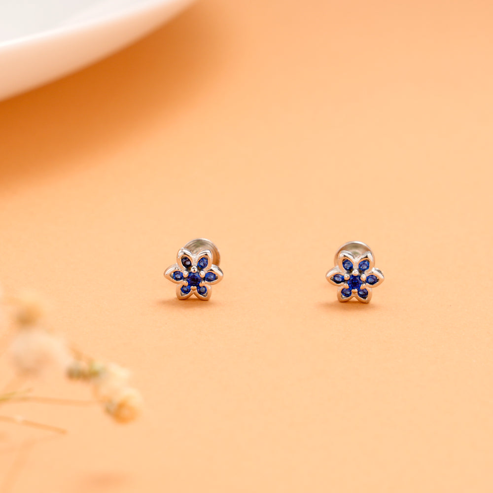 Blue Stone with Leaf Pattern Flower Silver Stud