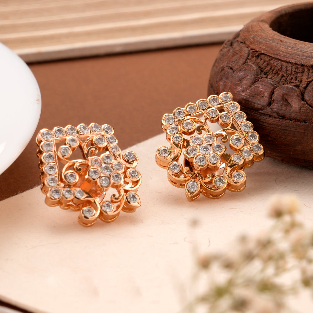 White Stone Floral Rose Gold Earring