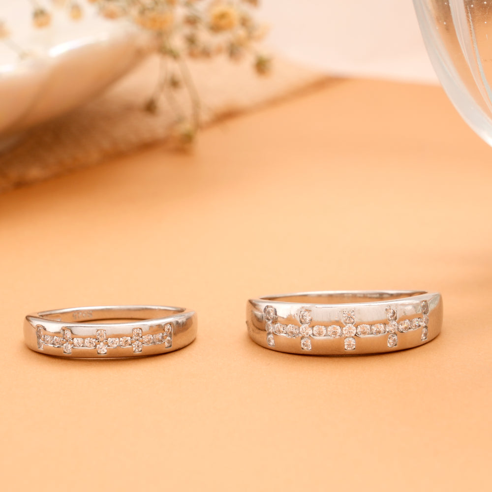 Cross Line Grid with Stone Silver Couple Rings