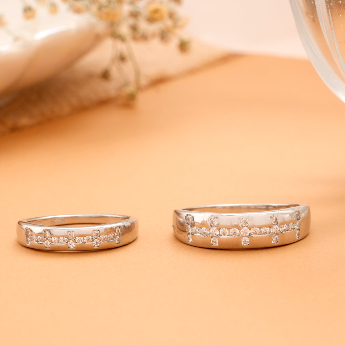 Cross Line Grid with Stone Silver Couple Rings