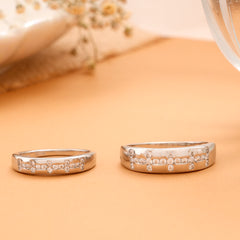 Cross Line Grid with Stone Silver Couple Rings
