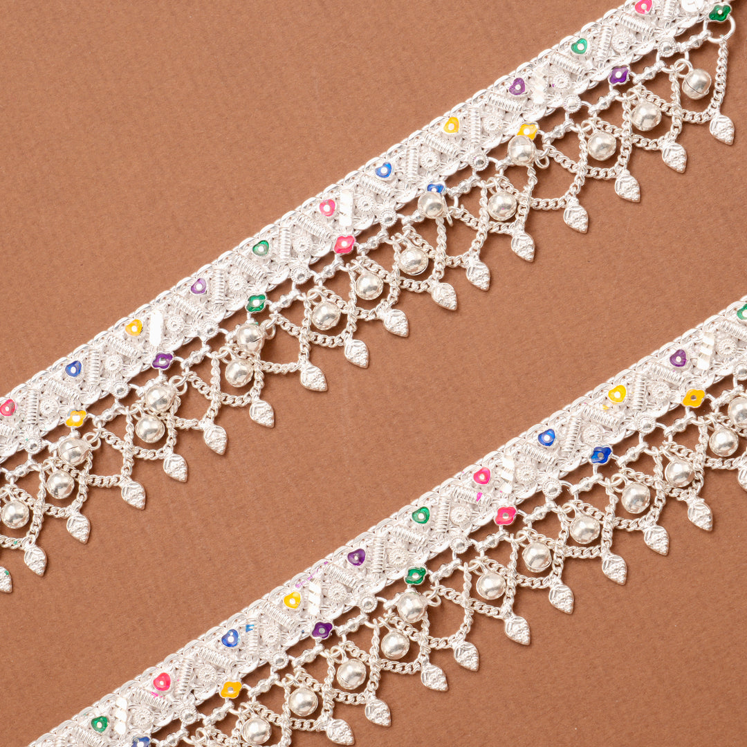 Color Enamel Drop Silver Anklet with Bells