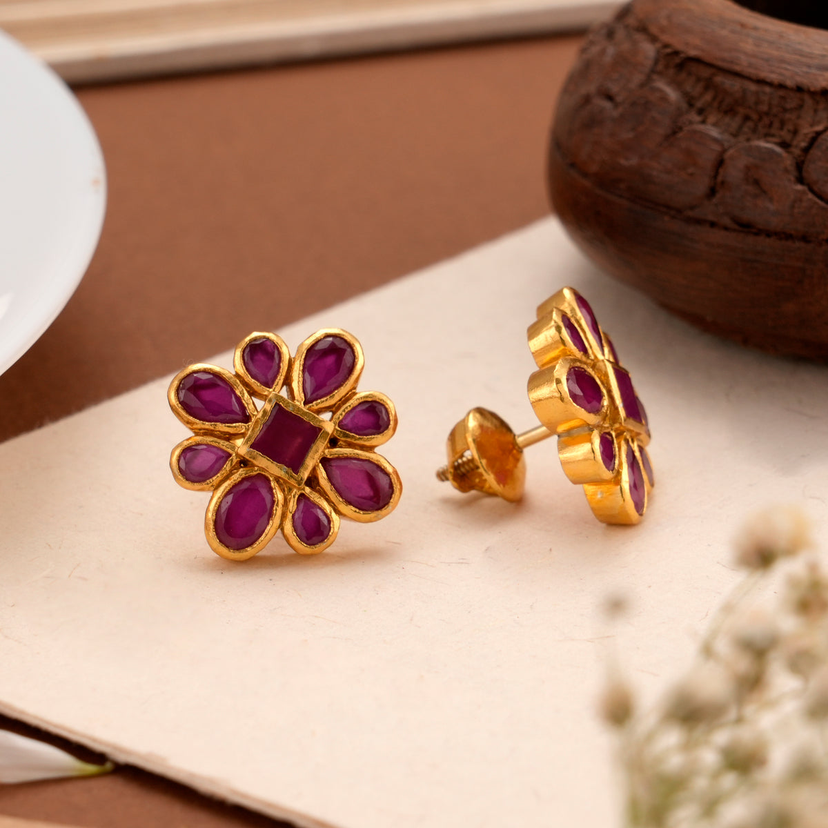 Flower Pattern Ruby Leaf Silver Stud