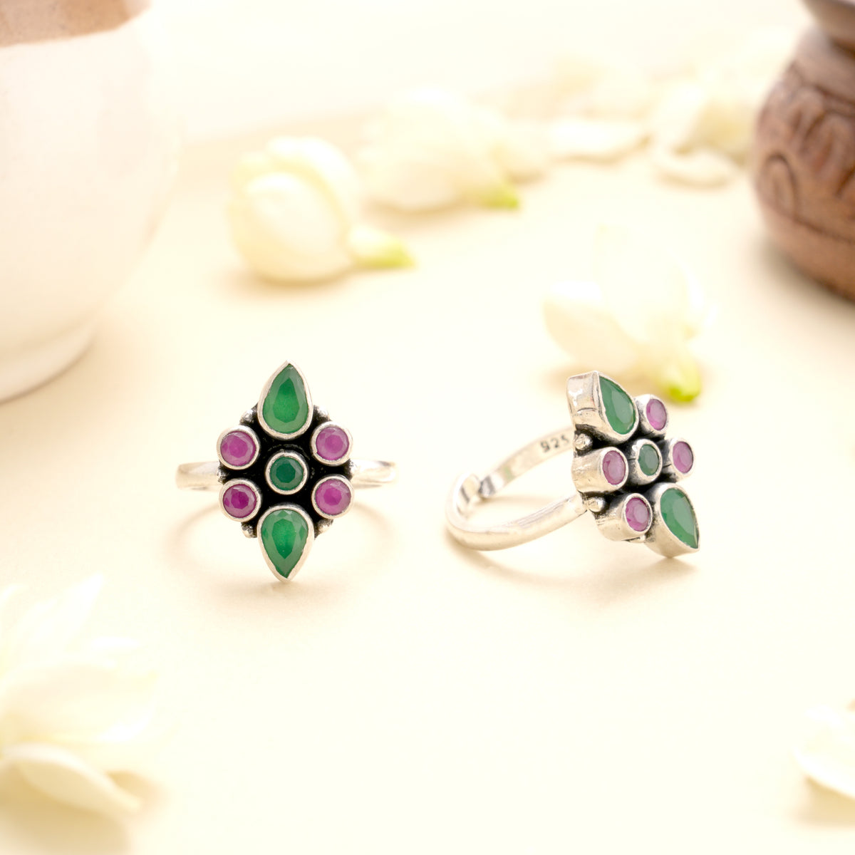 Emerald Ruby Bloom Silver Toe Ring
