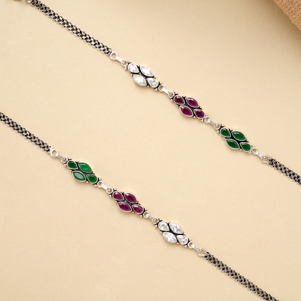 Tricolor Leaf Elegance Silver Anklet