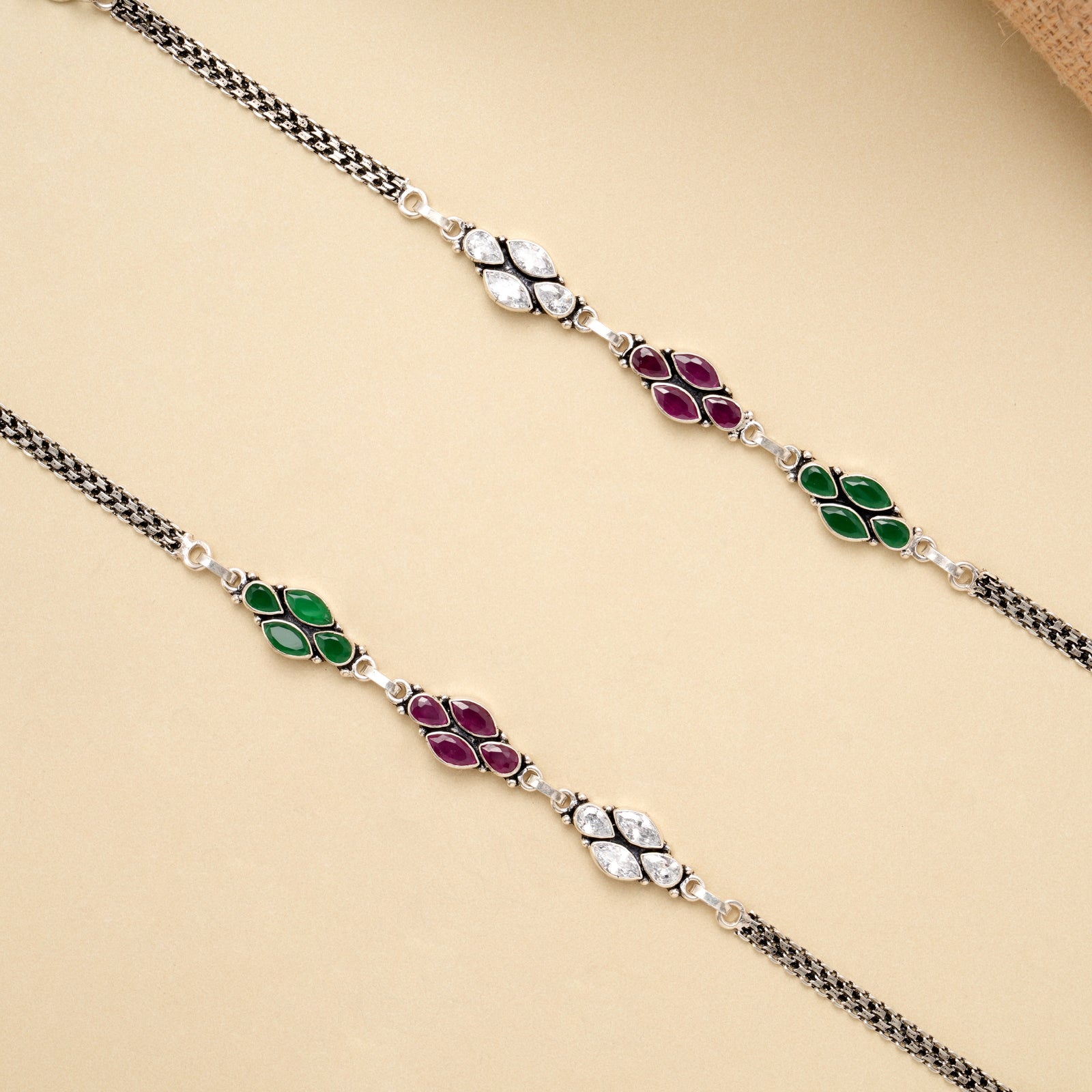 Tricolor Leaf Elegance Silver Anklet
