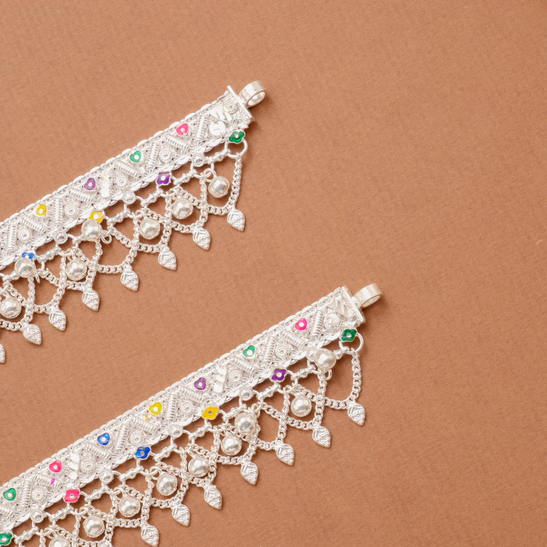Color Enamel Drop Silver Anklet with Bells