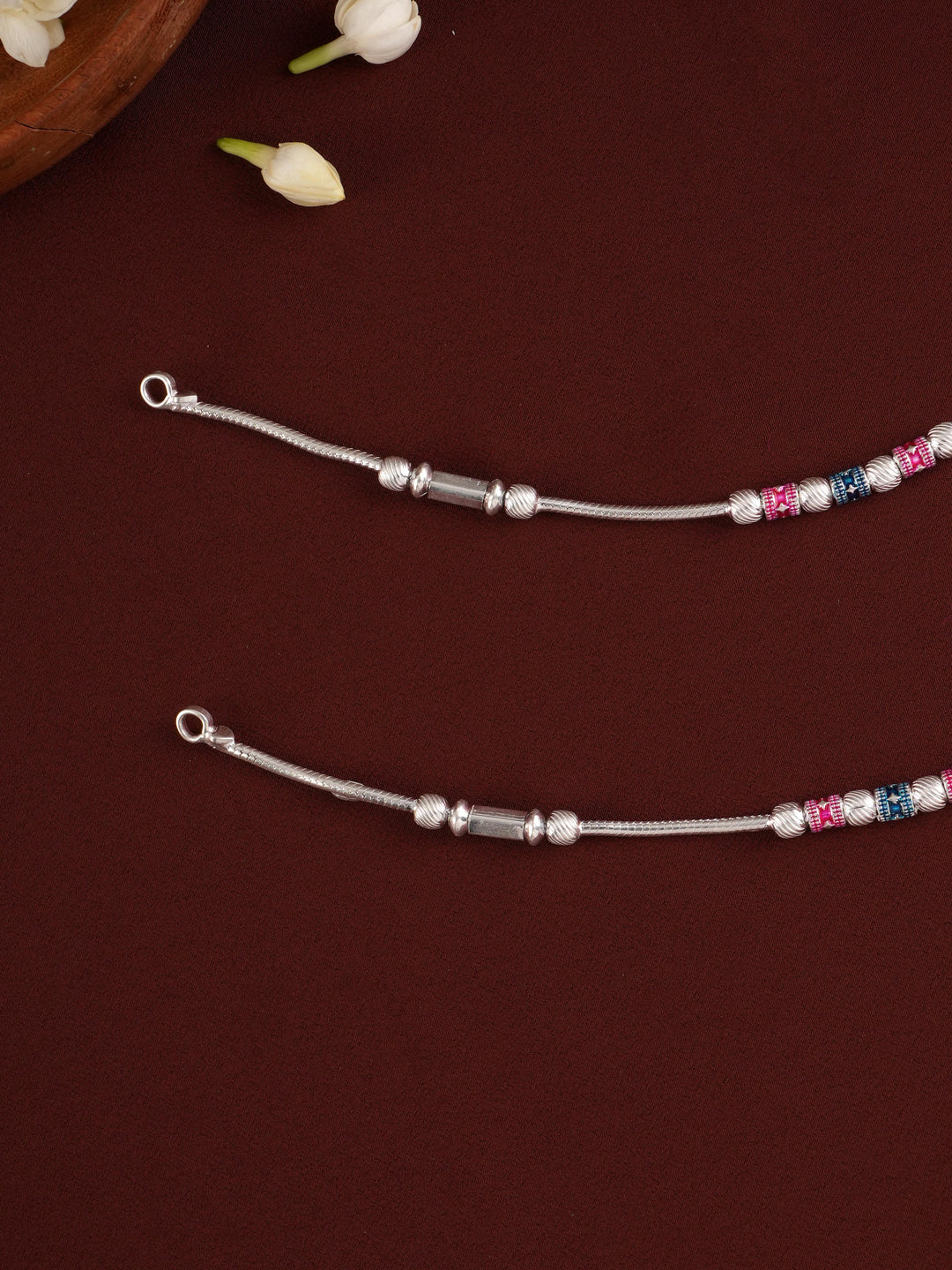 Cylindrical Beaded Silver Anklet