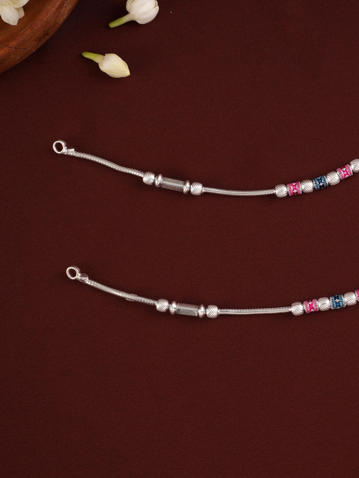 Cylindrical Beaded Silver Anklet