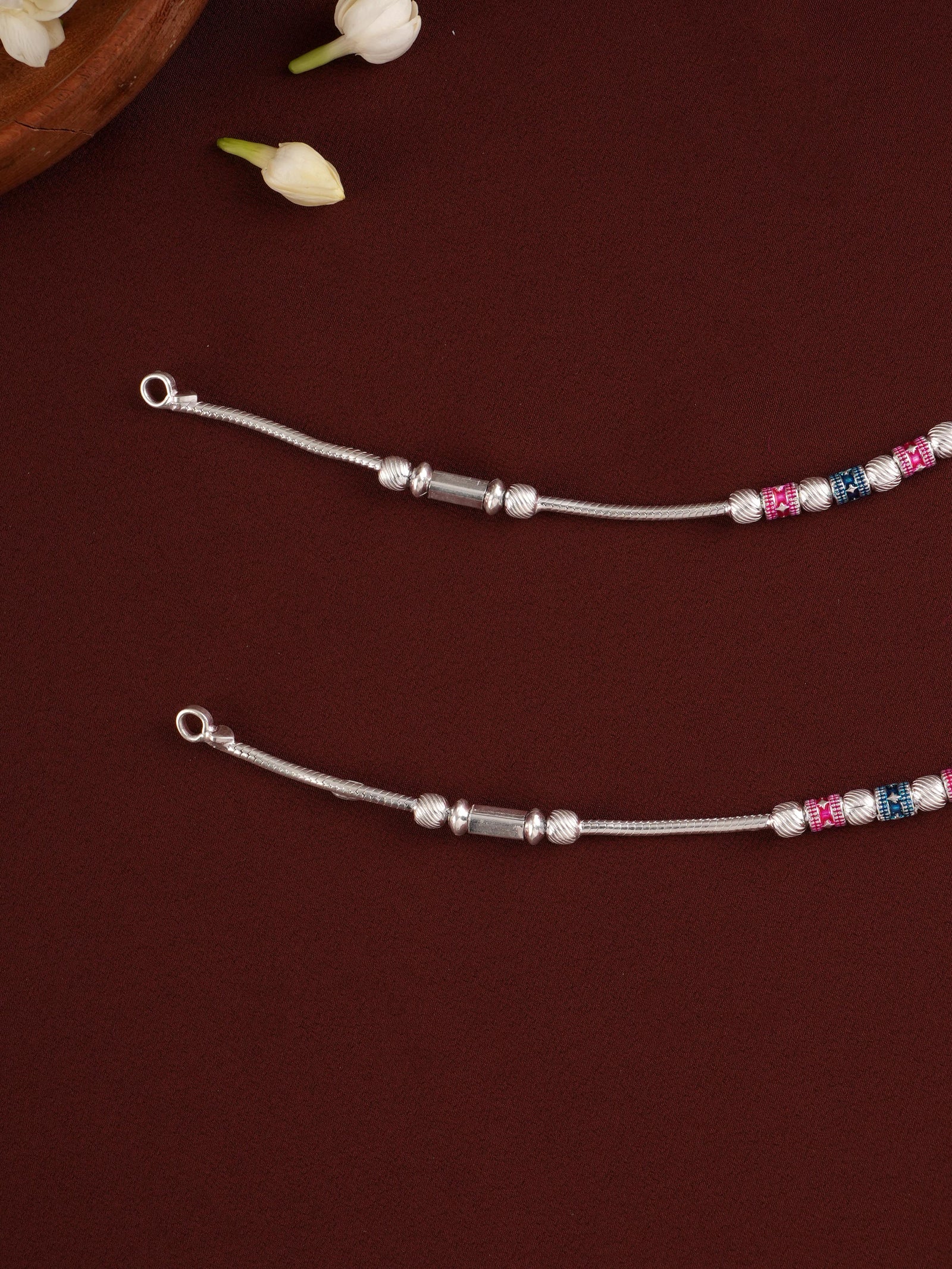 Cylindrical Beaded Silver Anklet