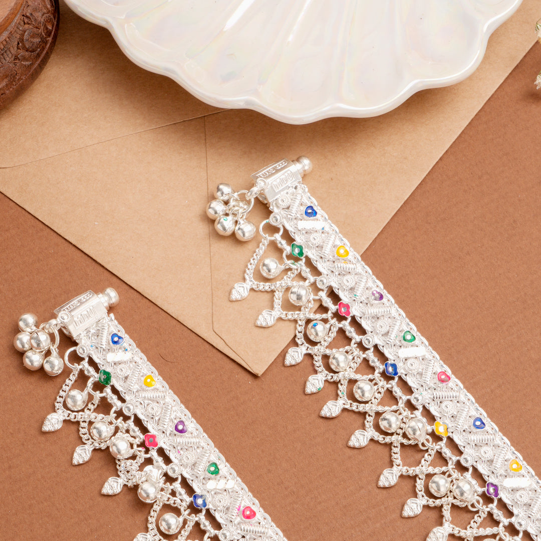 Color Enamel Drop Silver Anklet with Bells