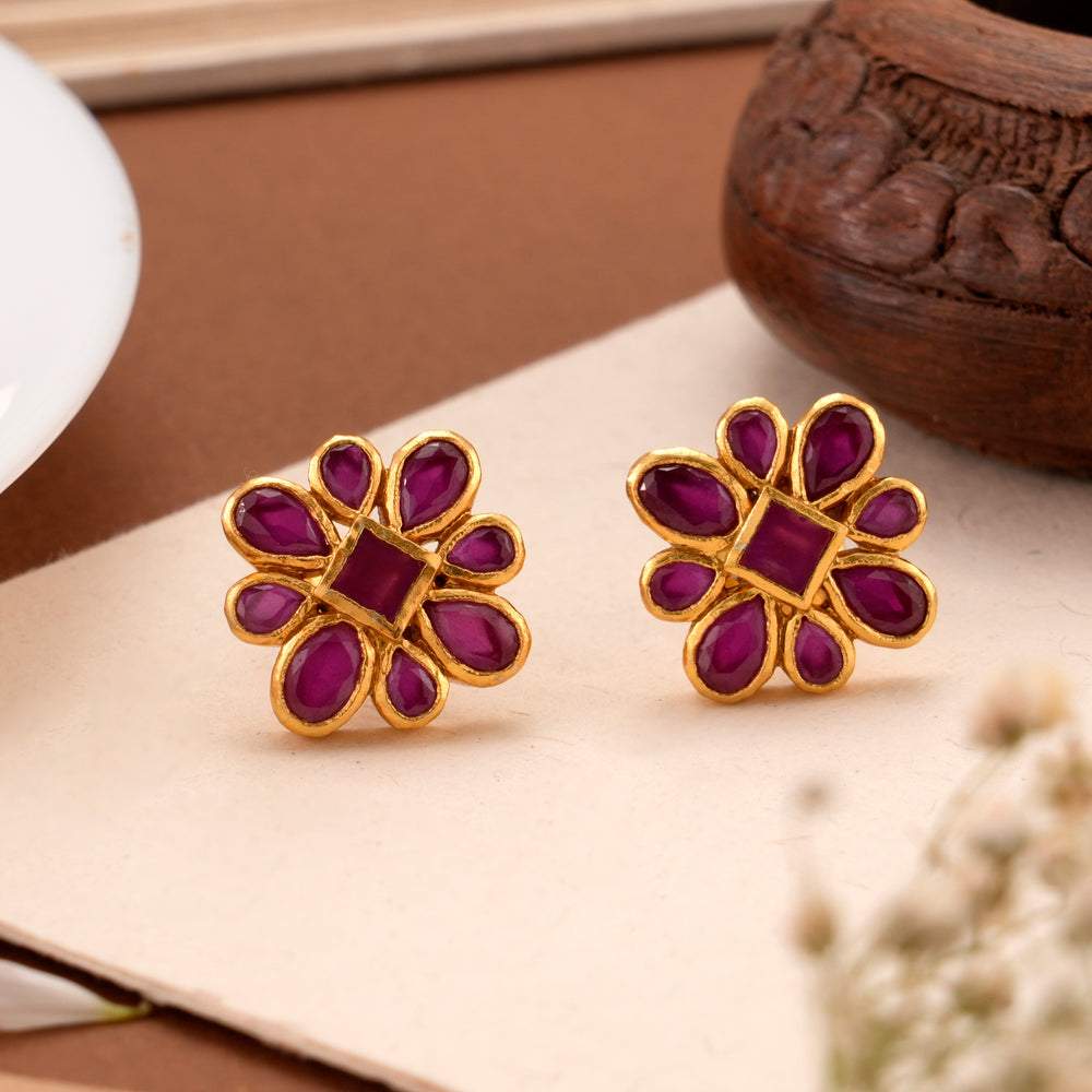Flower Pattern Ruby Leaf Silver Stud