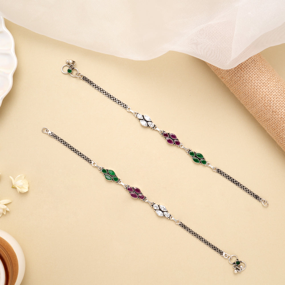 Tricolor Leaf Elegance Silver Anklet