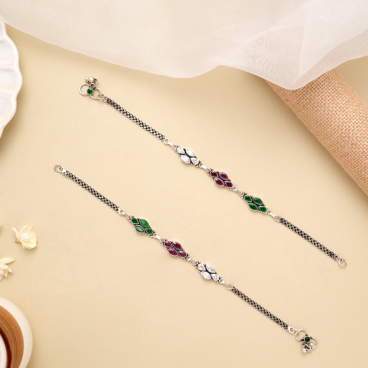 Tricolor Leaf Elegance Silver Anklet
