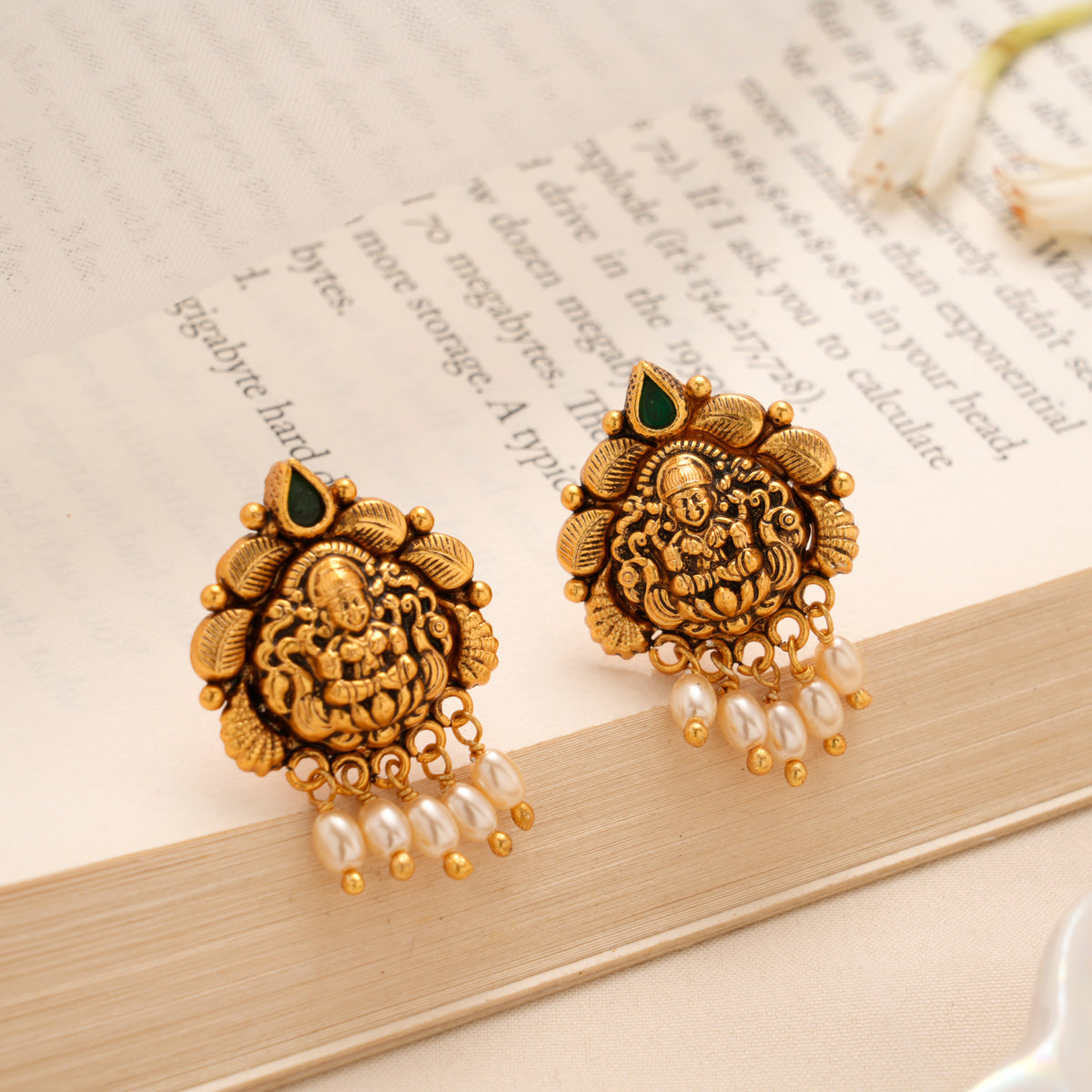 Lakshmi Green Stone Pearl Drop Silver Golden Stud