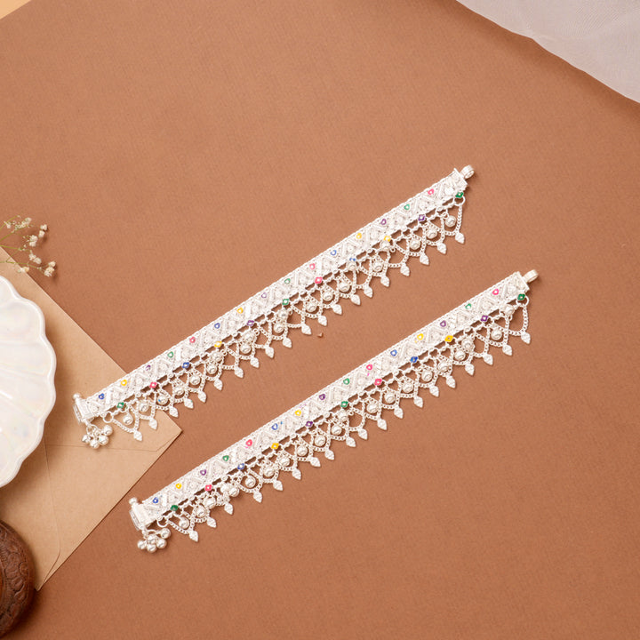 Color Enamel Drop Silver Anklet with Bells