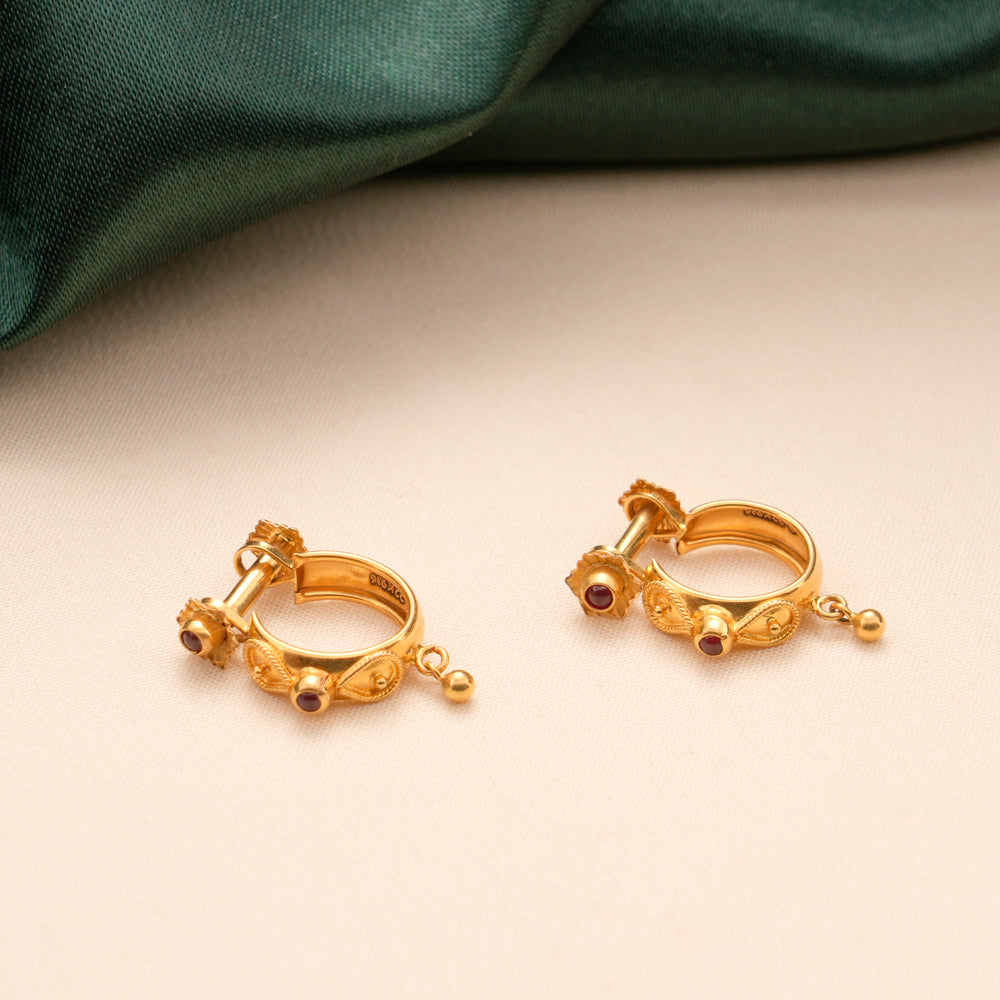 Traditional Ruby Stone Screw Hoop Earrings