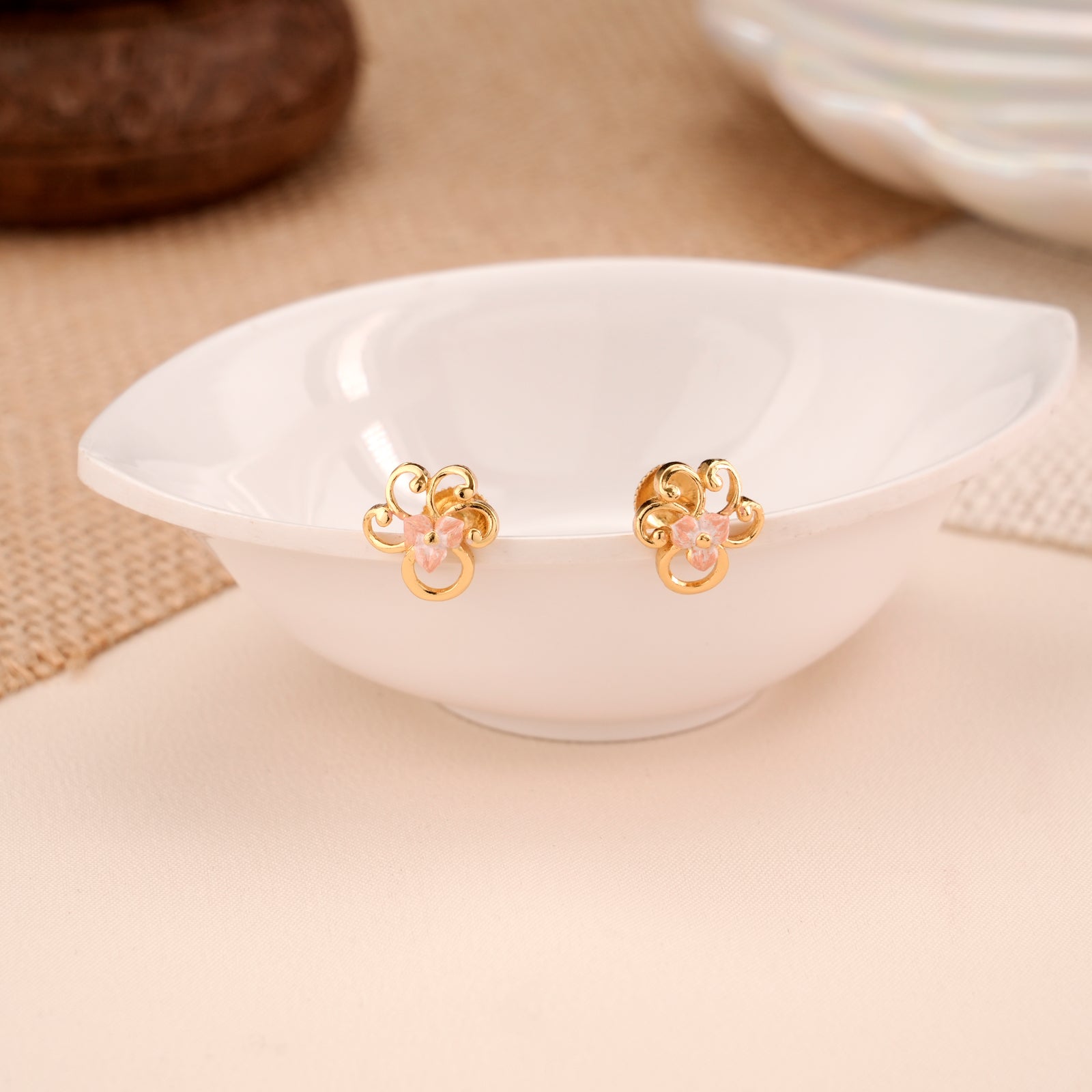 Floral Design Enamel Casting Golden Stud