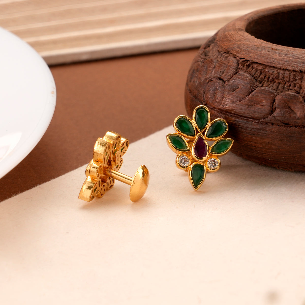 Ruby and Emerald Leaf Golden Stud
