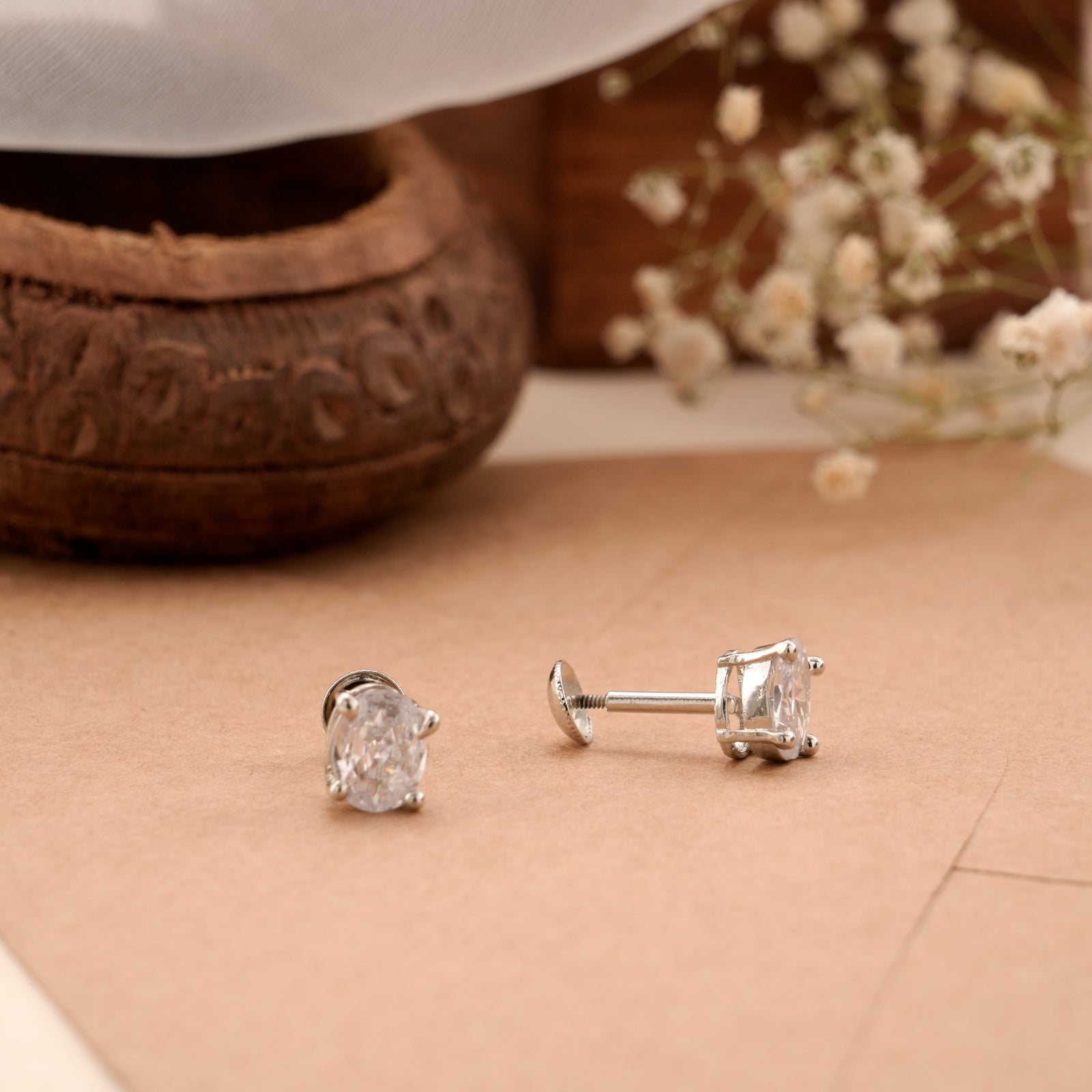 Oval Shape White Stone Silver Stud