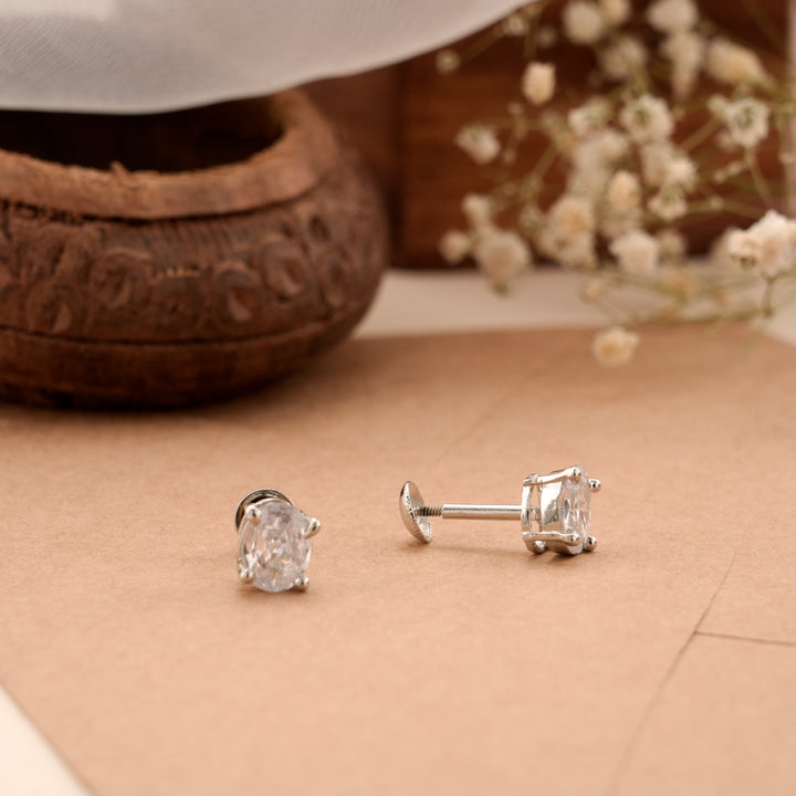 Oval Shape White Stone Silver Stud