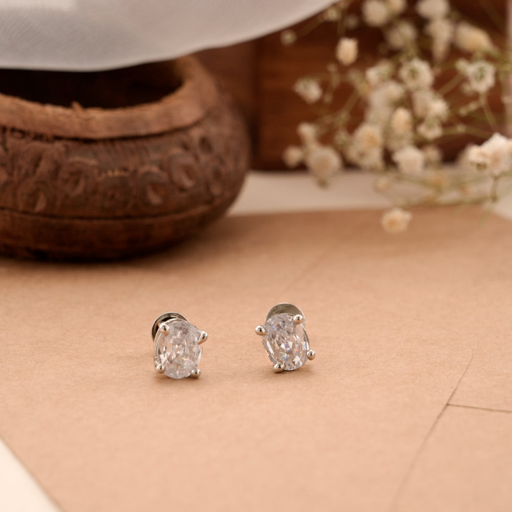 Oval Shape White Stone Silver Stud
