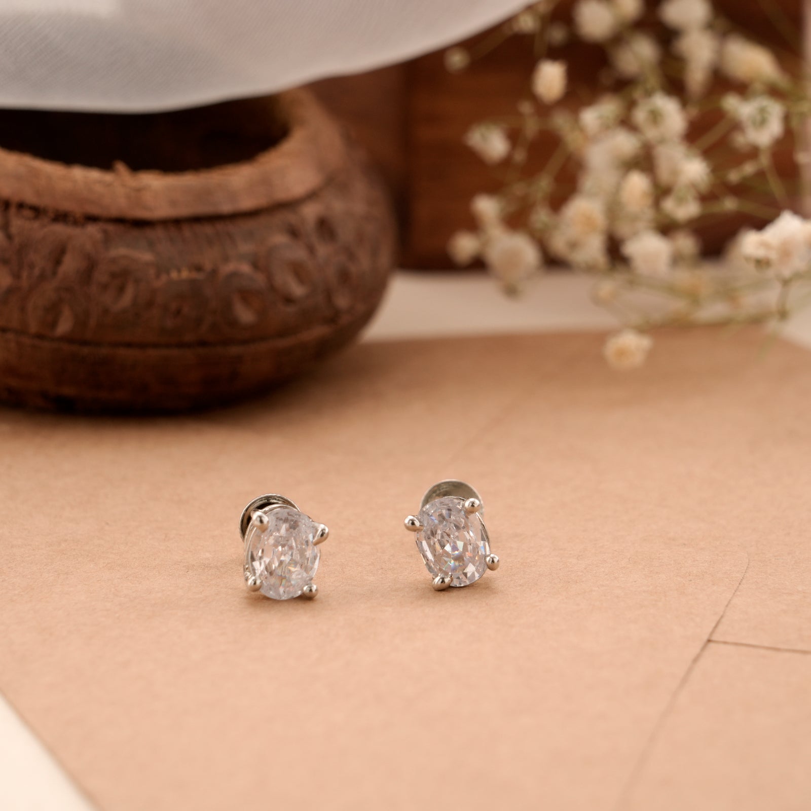 Oval Shape White Stone Silver Stud