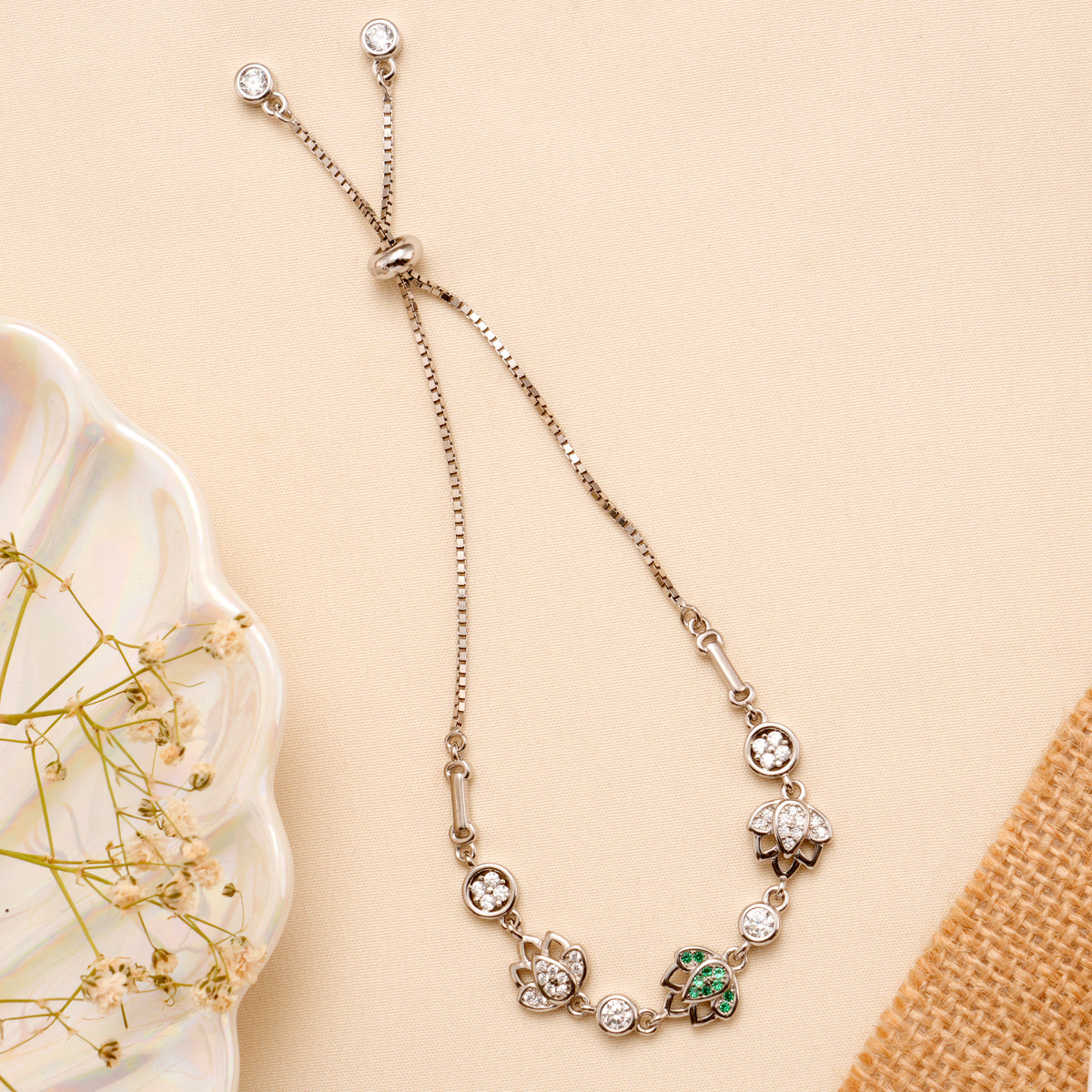 Tiny Multi Stone Lotus Silver Bracelet