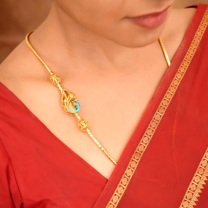 Enamel Peacock Design Silver Mugappu Chain