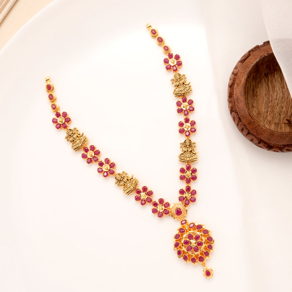 Lakshmi Ruby Floral Temple Silver Necklace