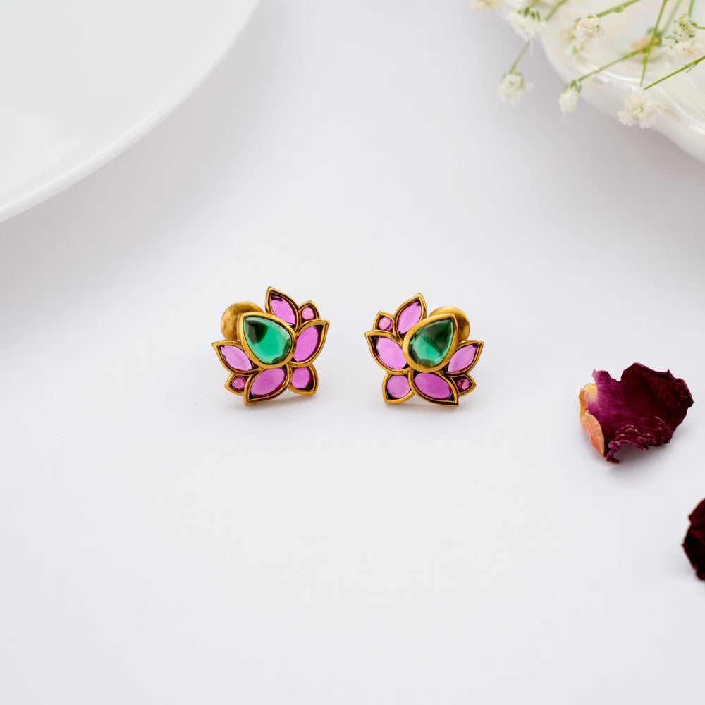 Emerald Ruby Lotus Gold Plated Stud