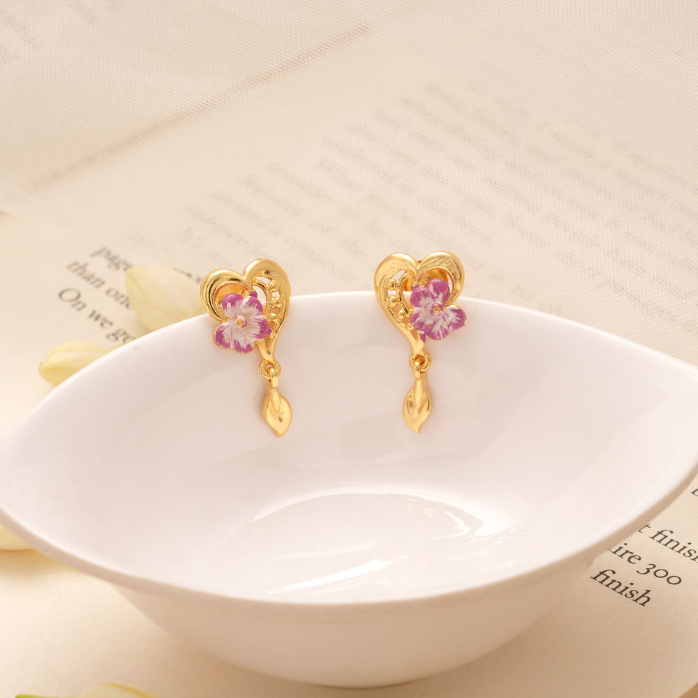 Pink Enamel Floral Heart Golden Earring