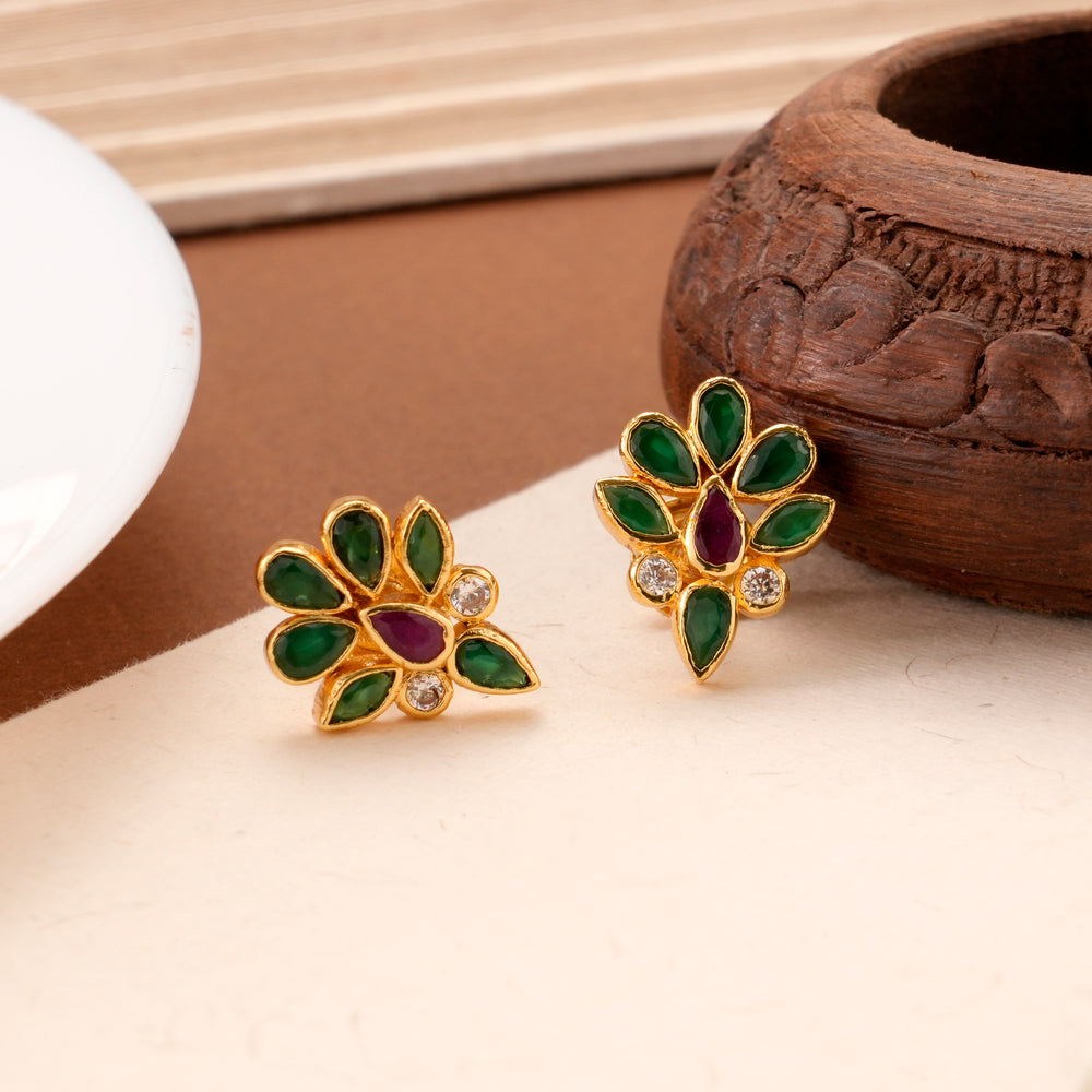 Ruby and Emerald Leaf Golden Stud