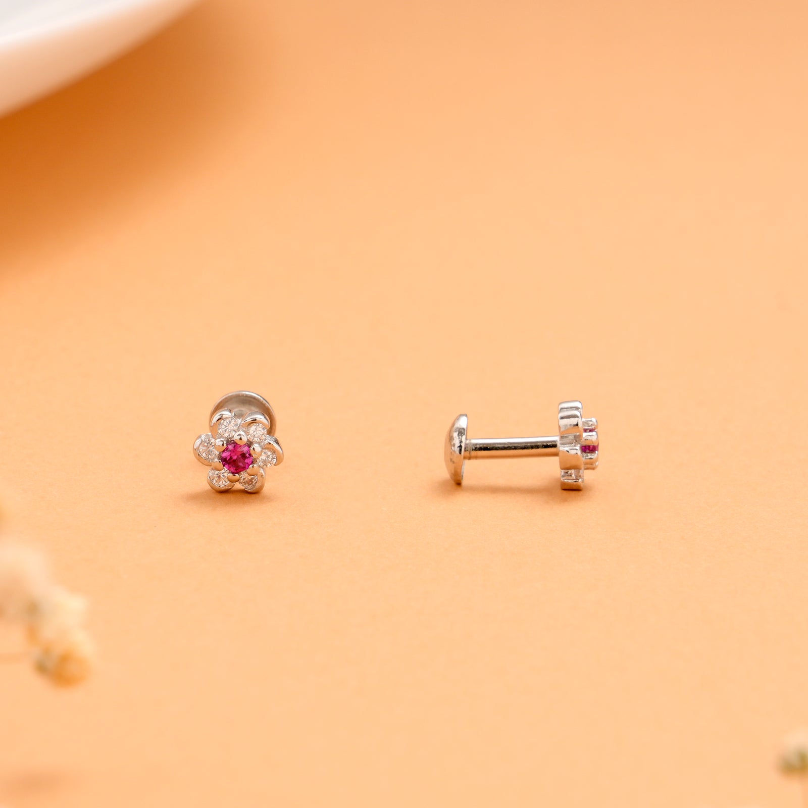 Cute Pink with White Cubic Stone Silver Stud