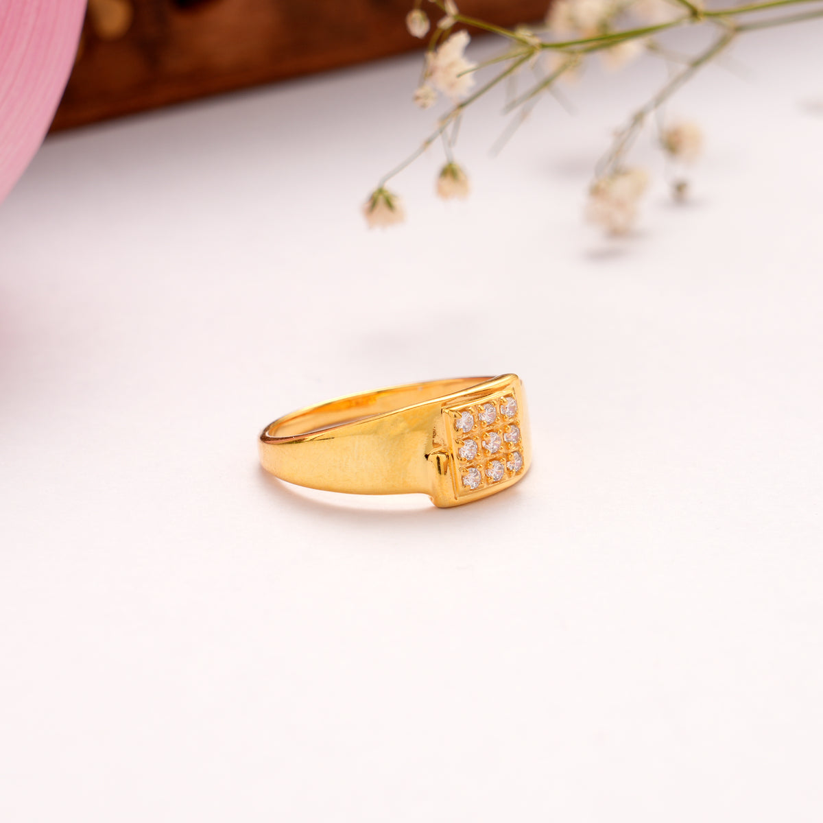 Square Pattern White Stone Golden Ring