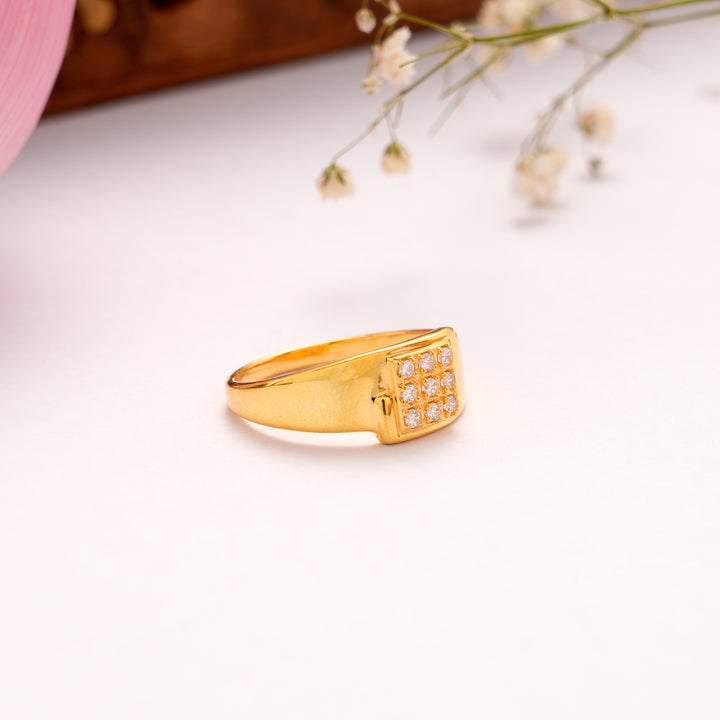 Square Pattern White Stone Golden Ring