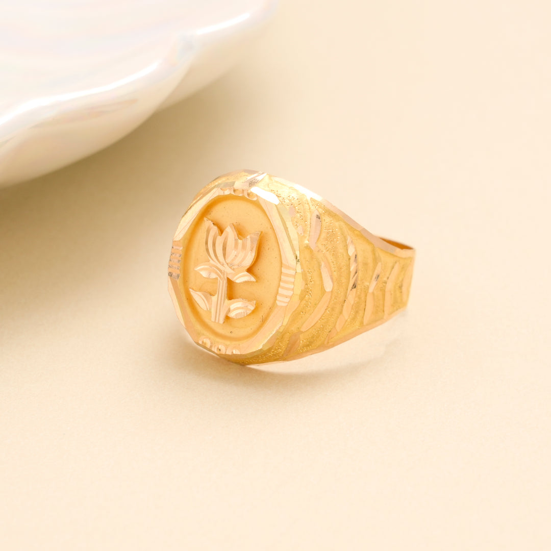 Lotus Engraved Gold Signet Ring
