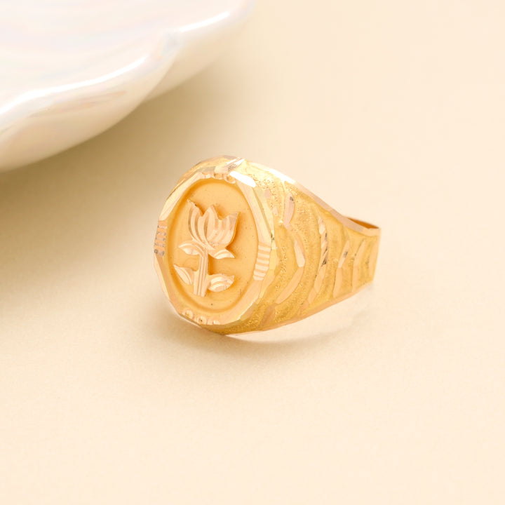 Lotus Engraved Gold Signet Ring