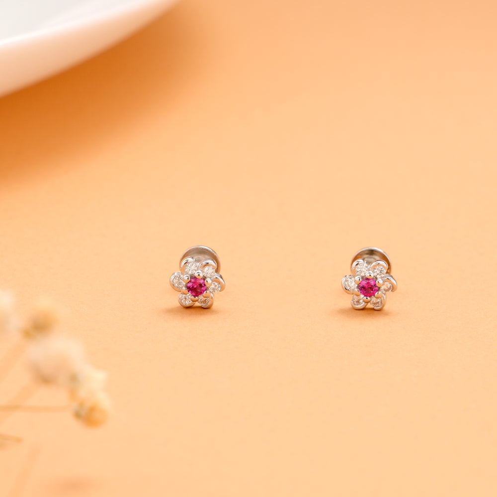 Cute Pink with White Cubic Stone Silver Stud