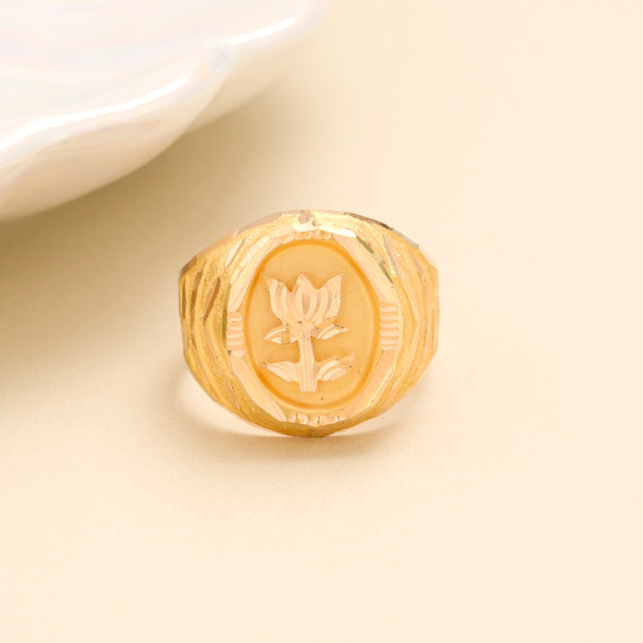 Lotus Engraved Gold Signet Ring