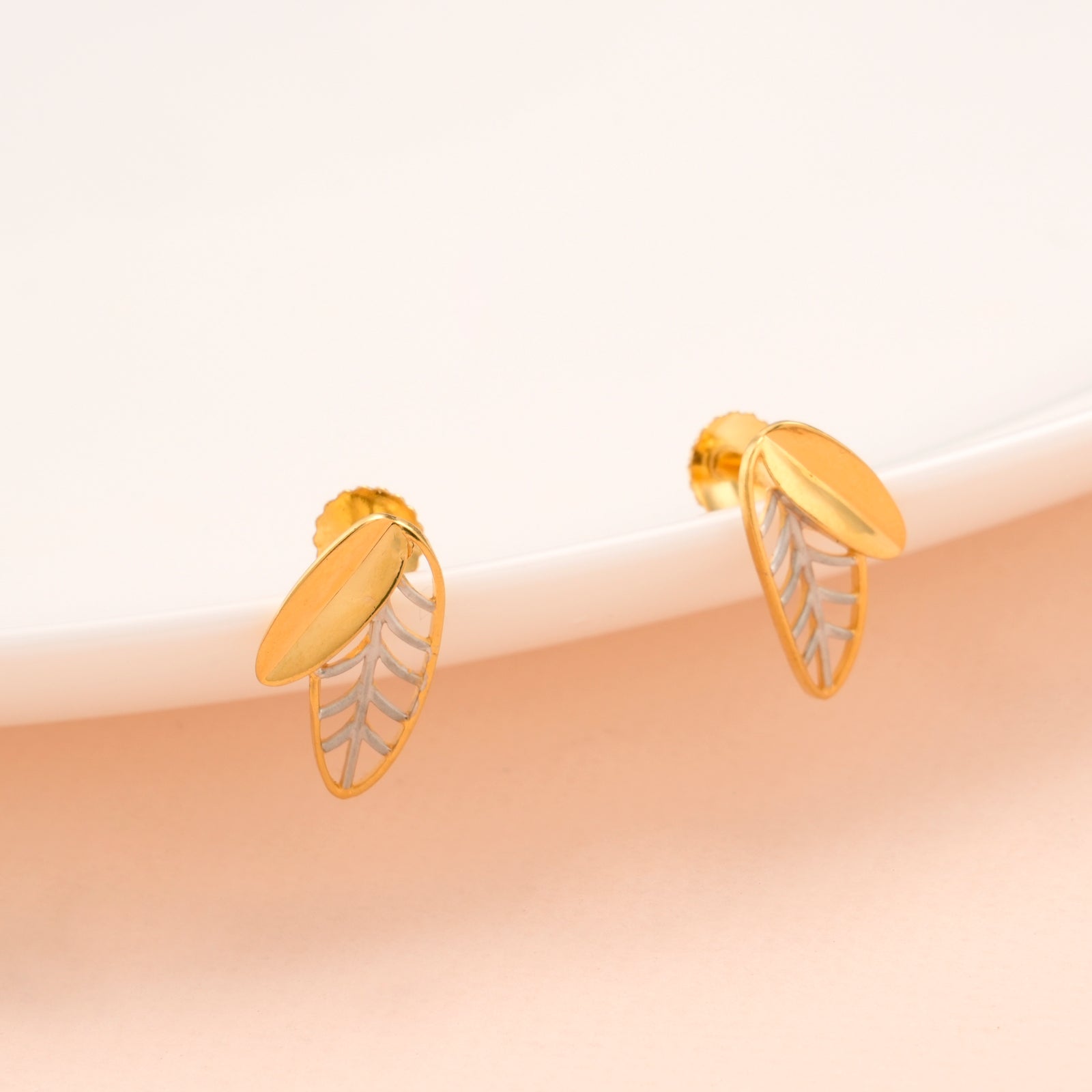 Dual Tone Leaf Drop Gold Stud Earrings