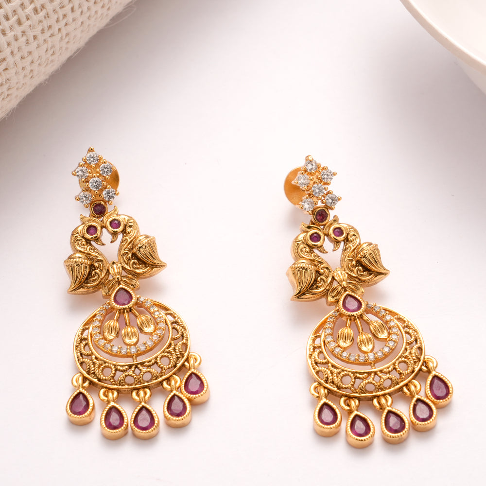 Blossom Ruby Stone Tear Drop Golden Earrings