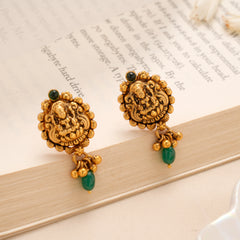 Antique Golden Lakshmi Green Drop Stud