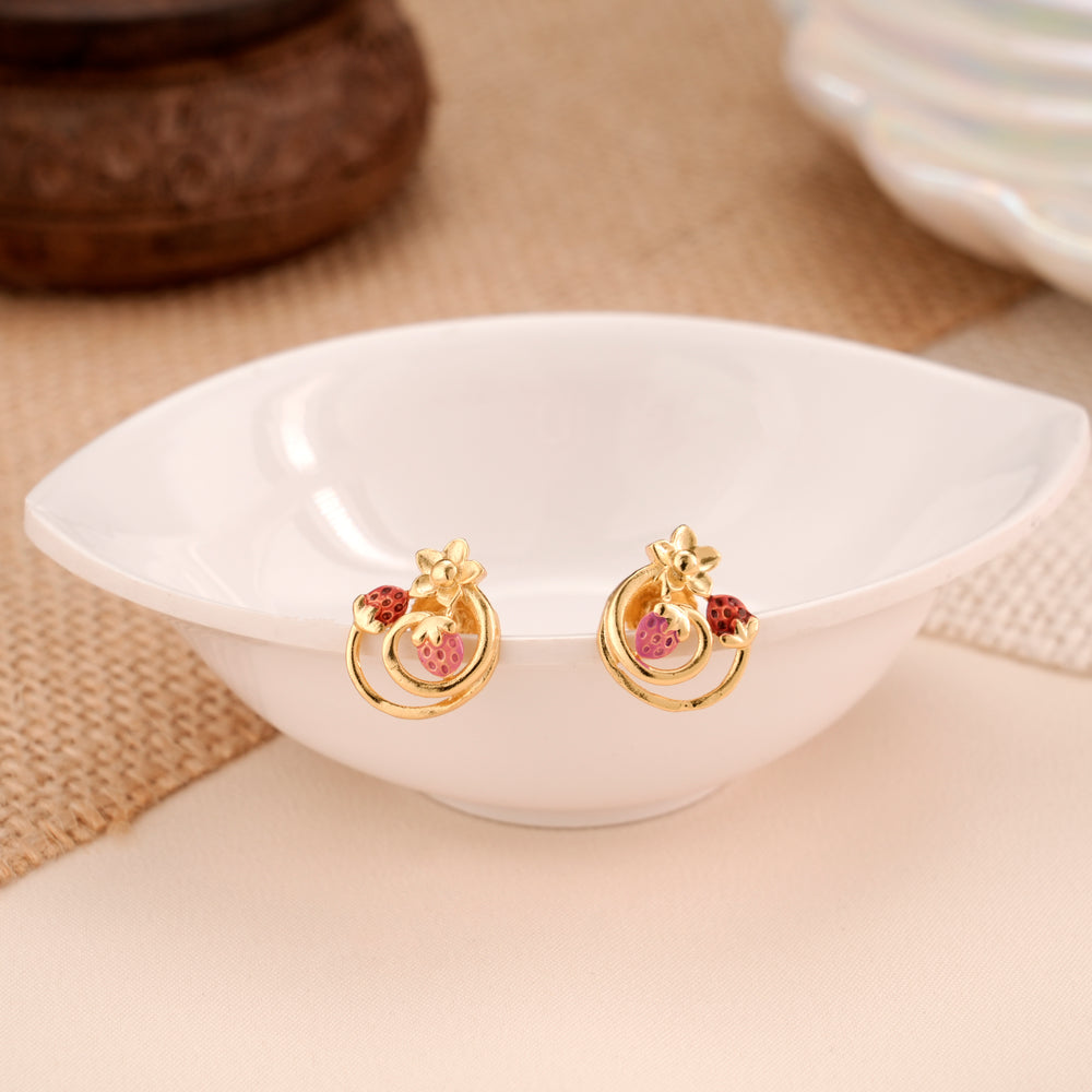 Strawberry Shape Floral Design Casting Golden Stud